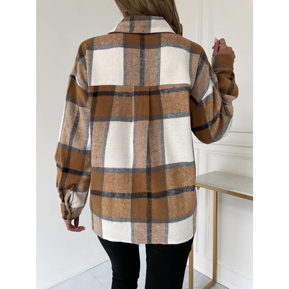 Plaid Flap Pocket boyfriend shacket trucker jacket navy blue tan white - Picture 12 of 16